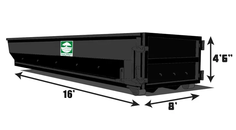 20 yard container diagram showing 16 foot length, 8 foot width and 4 foot 6 inch height
