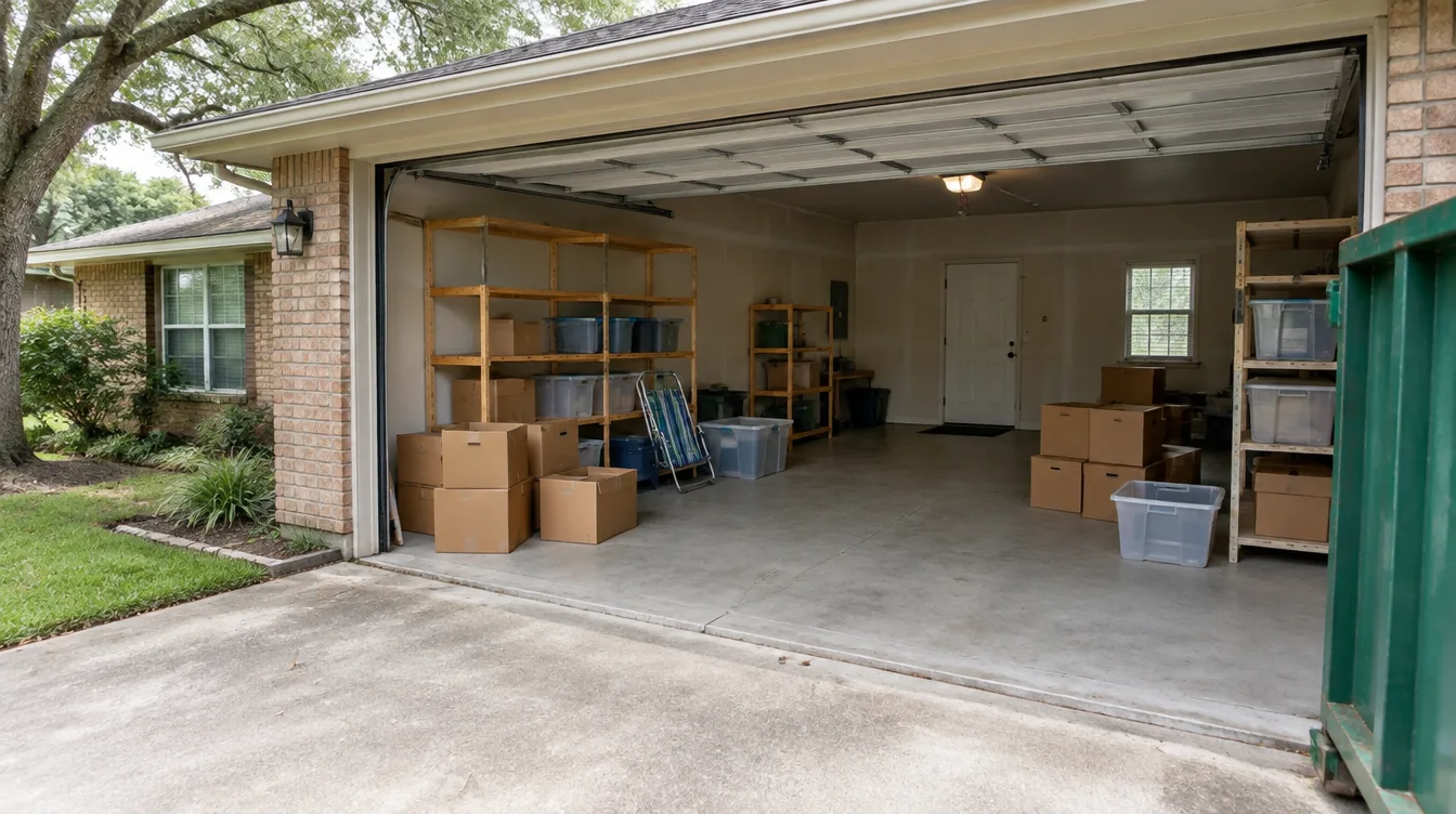 Boxes and storage bins grouped inside an open garage with a clear walking path