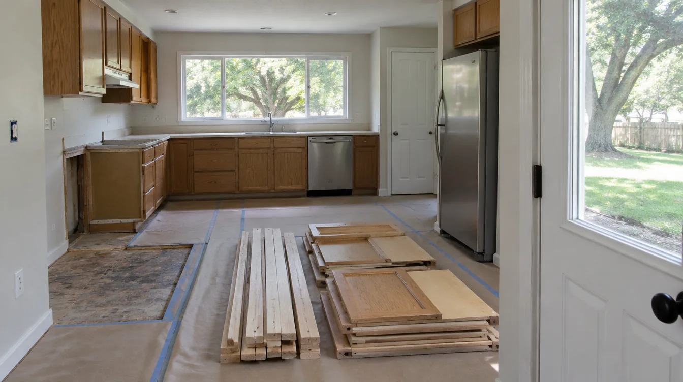Cabinet panels and wood pieces stacked on protected flooring during a kitchen remodel